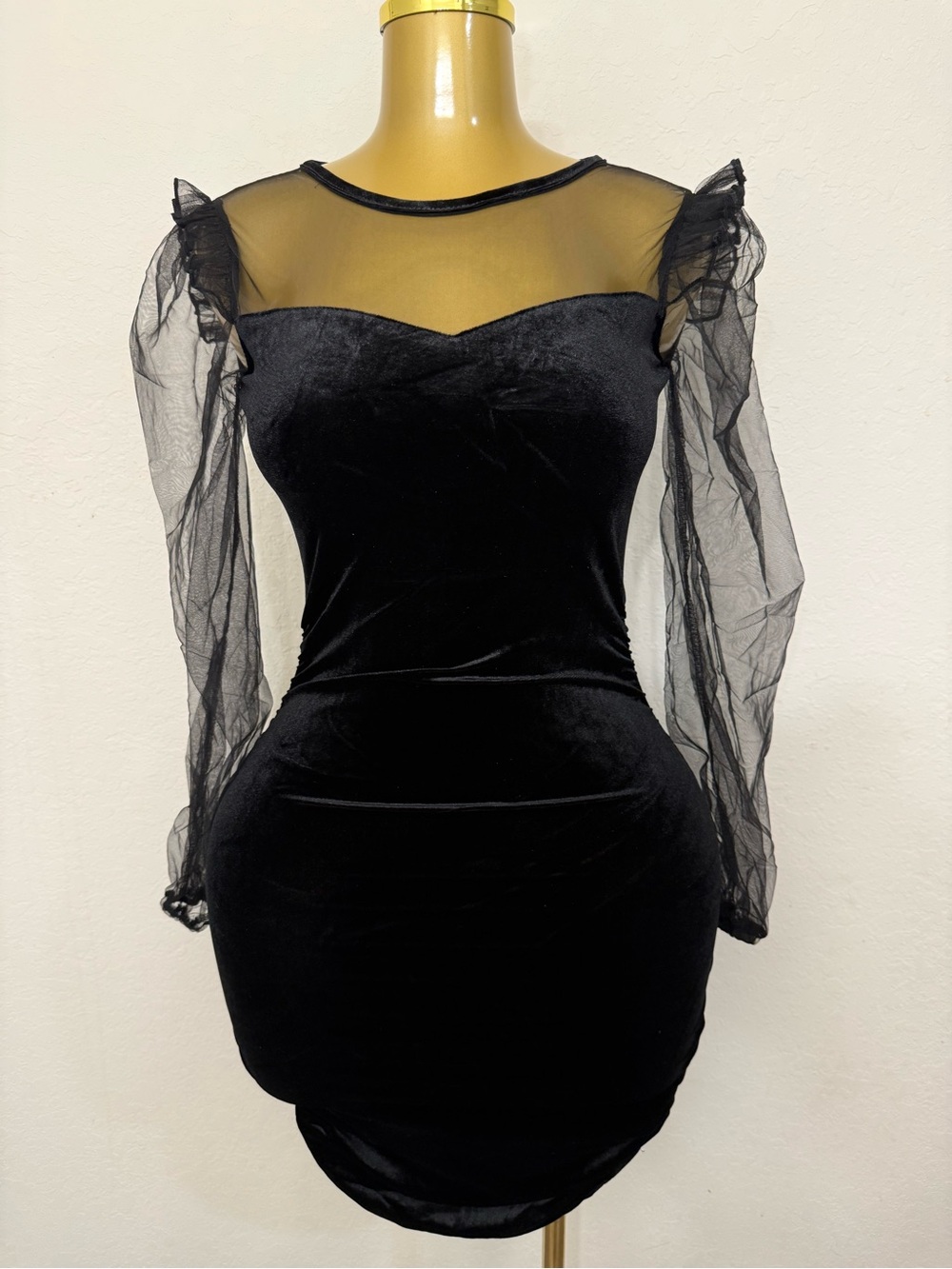 Sheer Sleeve Velvet Bodycon Dress - Black